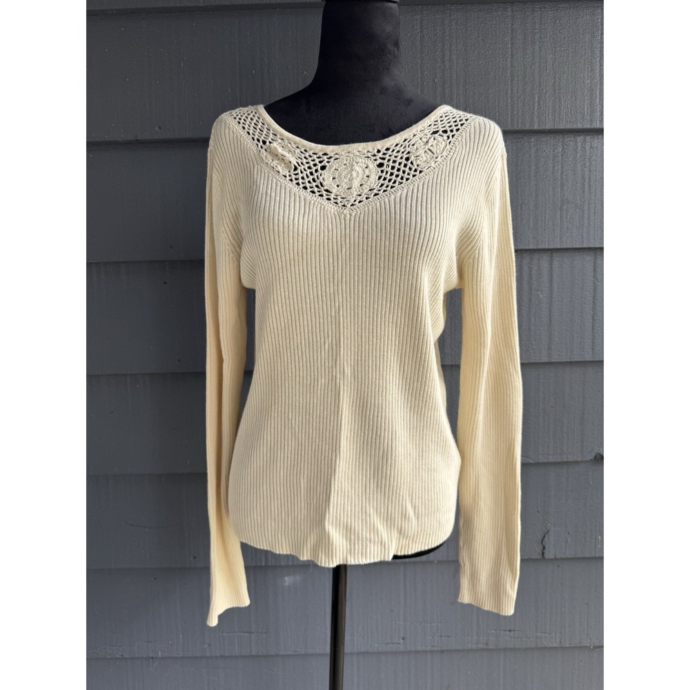 Rena Rowan long-sleeve sweater with a crocheted lace neckline Size Large Beige!